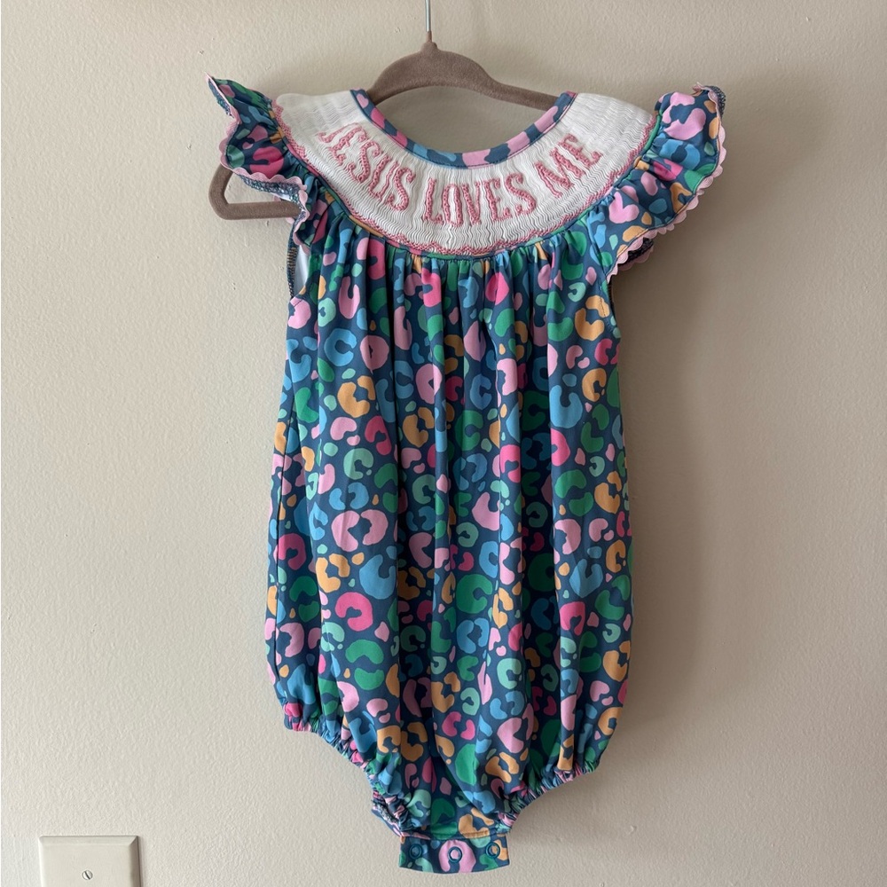 Jesus loves me colorful cheetah bubble romper